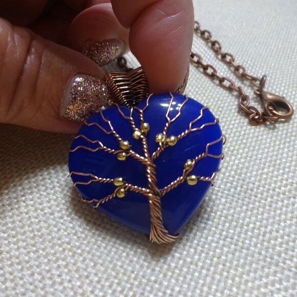 Beautiful BLUE CHALCEDONY HEART Handmade COPPER WIRE-WRAPPED Pendant/Chain #161C - Picture 3 of 3